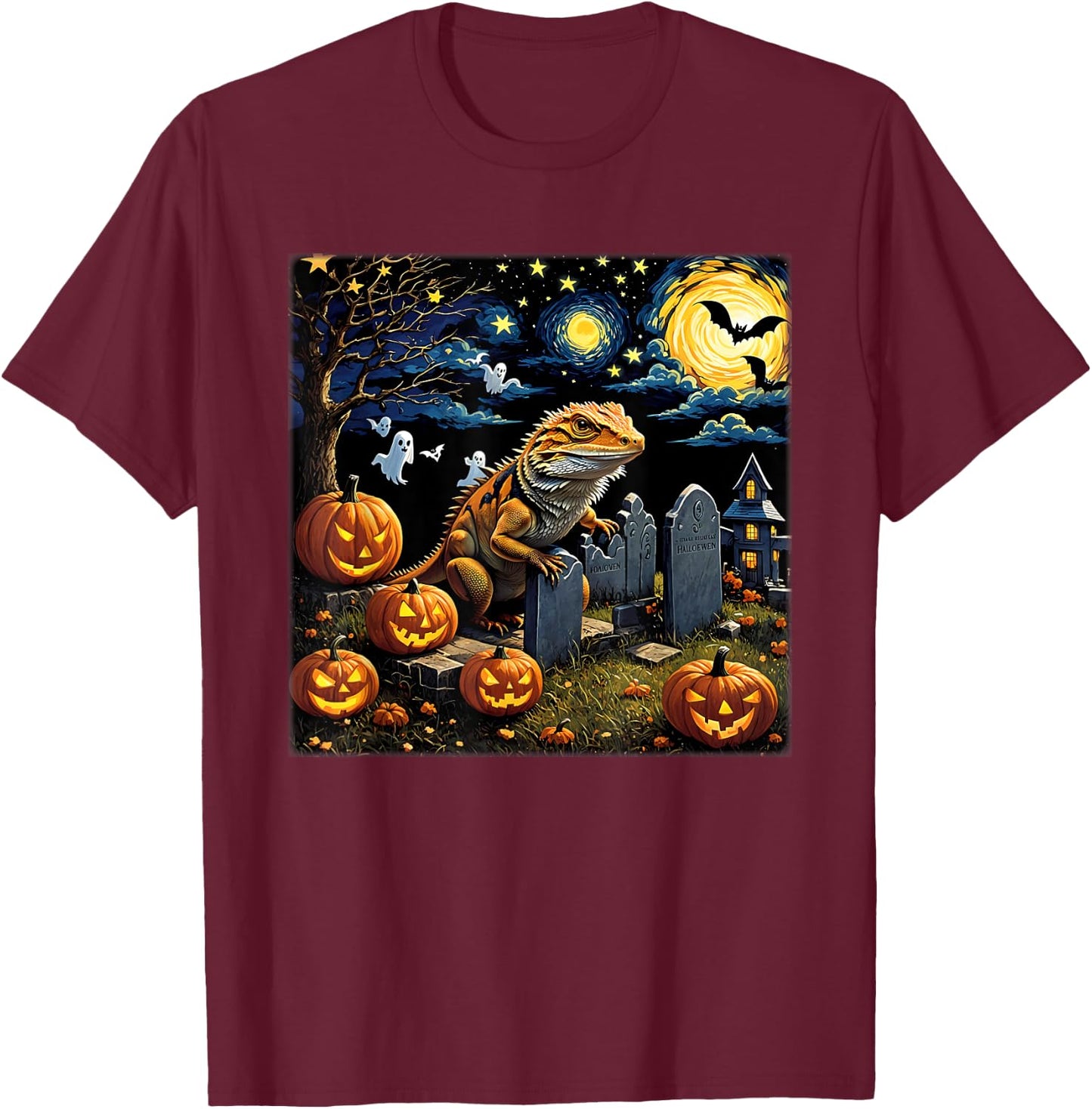 Spooky Halloween Bearded Dragon Starry Night T-Shirt - T-Shirt | Maroon