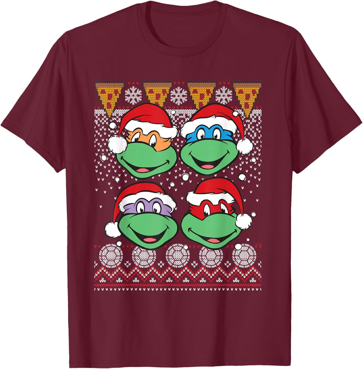 Teenage Mutant Ninja Turtles Ugly Christmas Heads Pizza T-Shirt - T-Shirt | Maroon