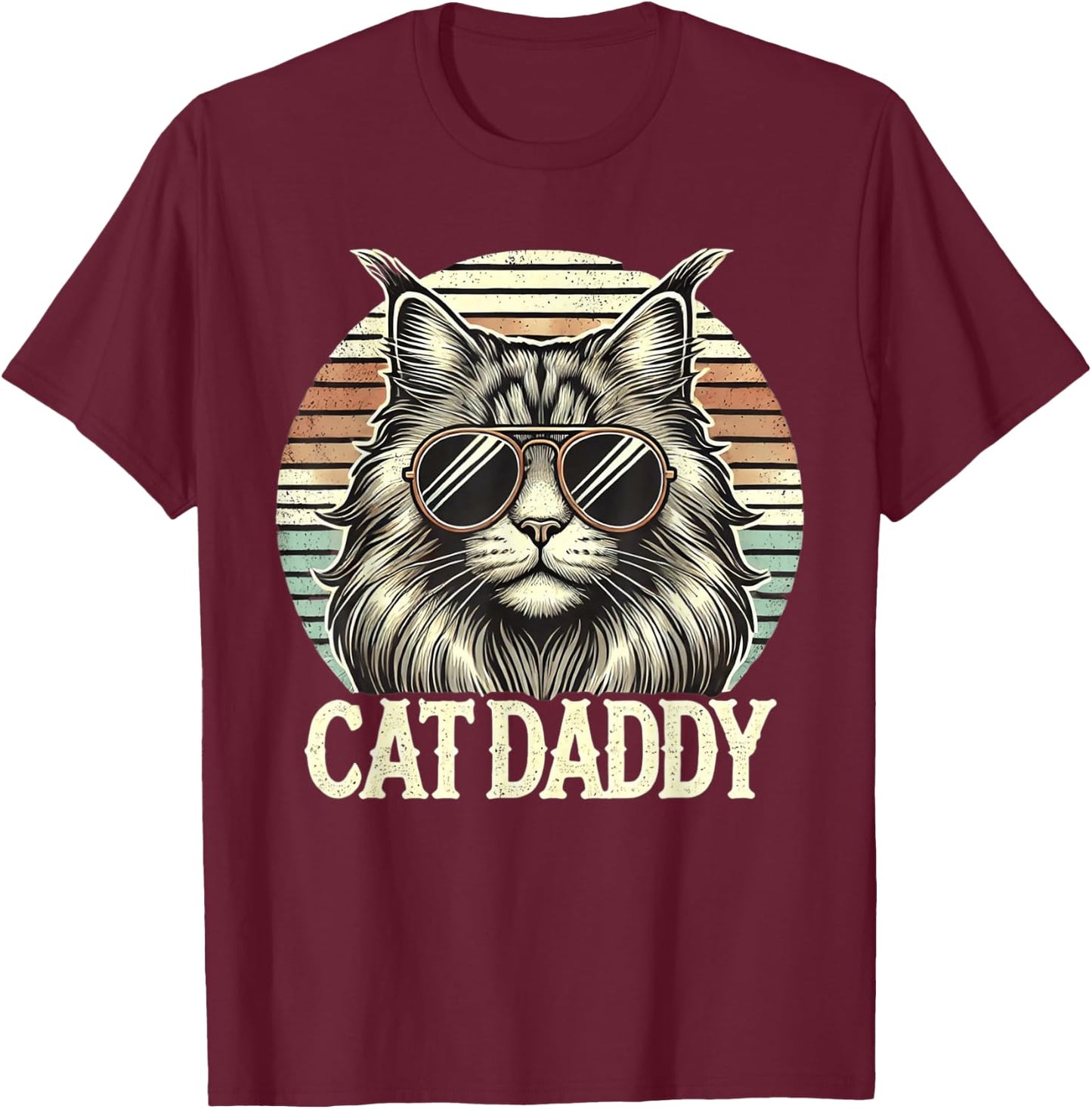 Cat Daddy Cool Maine Coon Cat Father's Day Retro Cat Dad T-Shirt - T-Shirt | Maroon