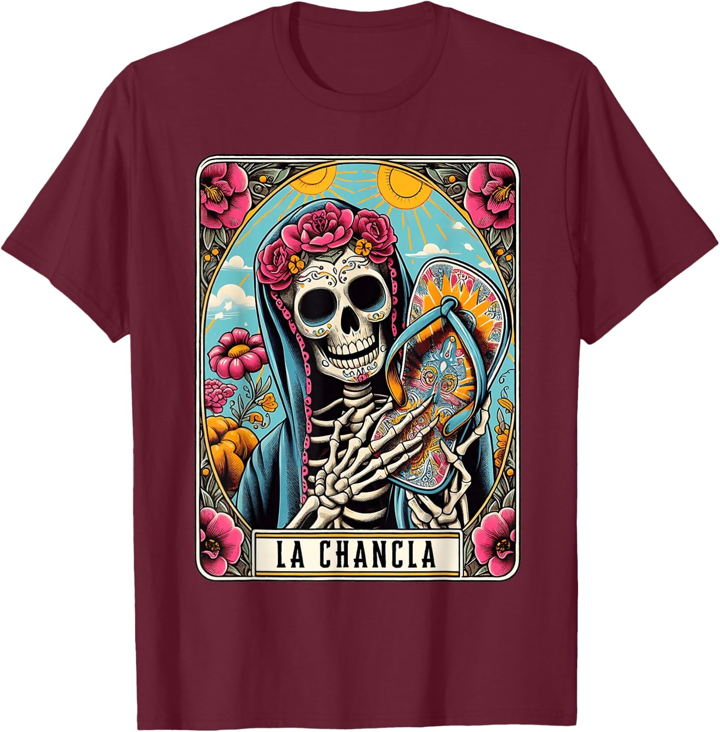 La Chancla Flip Flop Card Funny Mexican Mom Tarot Card T-Shirt - T-Shirt | Maroon