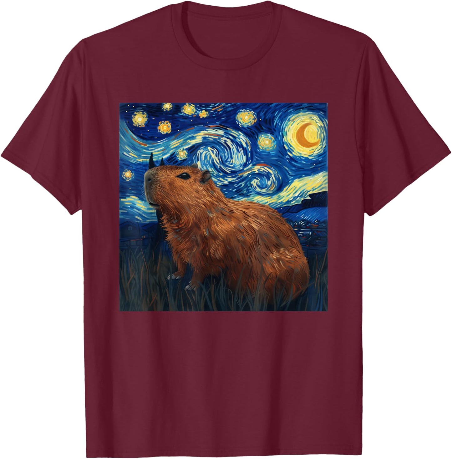 Capybara Van Gogh Style Starry Night T-Shirt - T-Shirt | Maroon