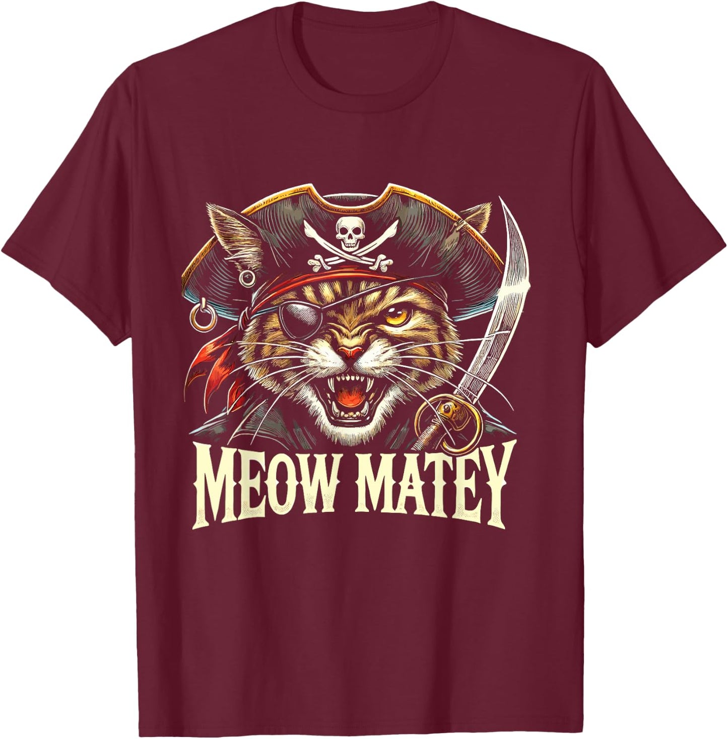 Meow Matey Pirate Cat Halloween T-Shirt - T-Shirt | Maroon