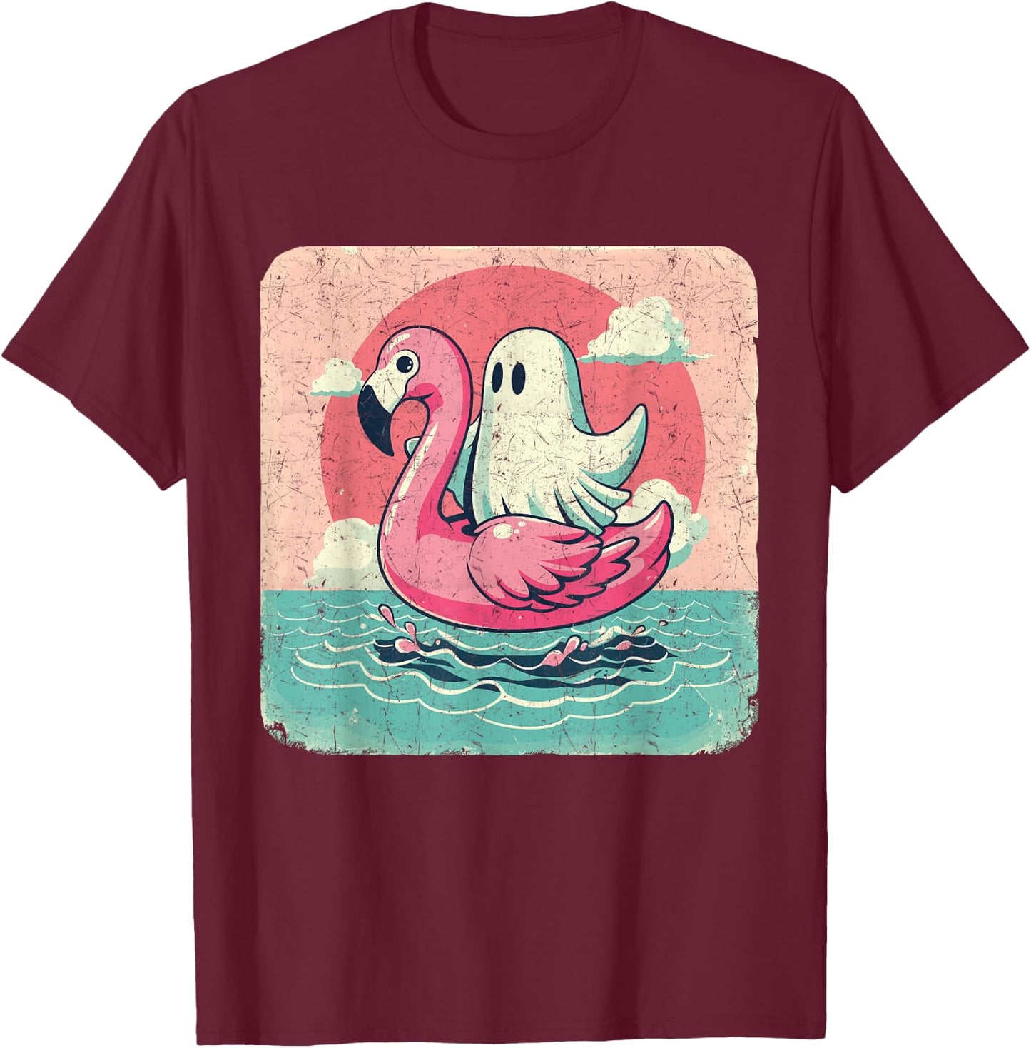 Funny Pool Vintage Ghost On A Pink Flamingo Summer Halloween Men Women T-Shirt - T-Shirt | Maroon