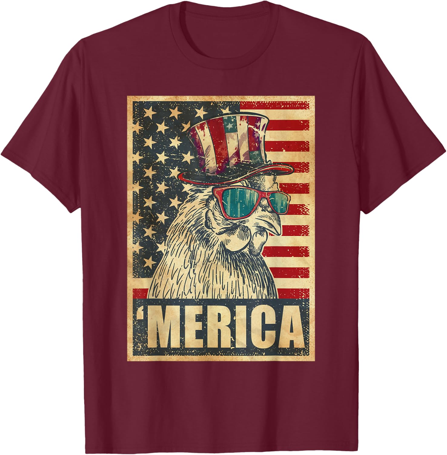 Chicken Merica Vintage American Flag 4th Of July T-Shirt - T-Shirt | Maroon