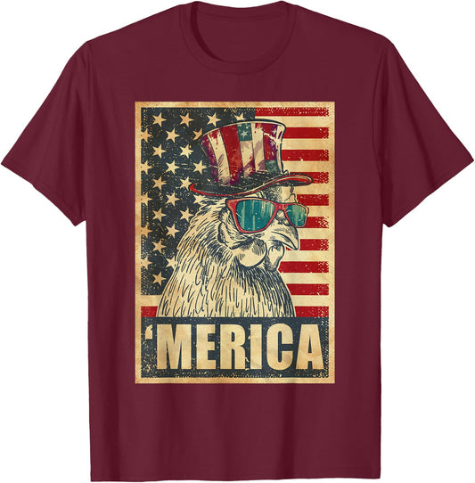 Chicken Merica Vintage American Flag 4th Of July T-Shirt - T-Shirt | Maroon