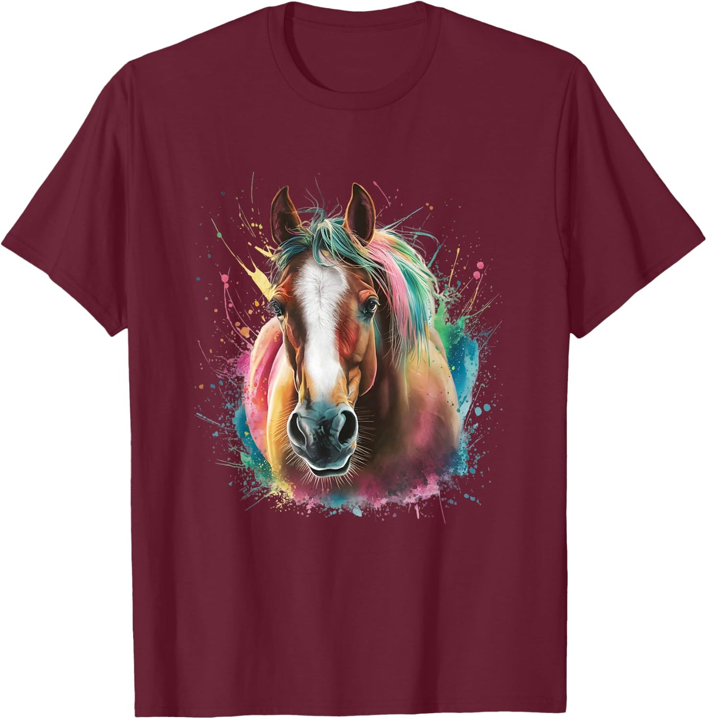 Horse Men Women Colourful Watercolour Horse T-Shirt - T-Shirt | Maroon