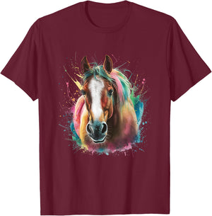 Horse Men Women Colourful Watercolour Horse T-Shirt - T-Shirt | Maroon