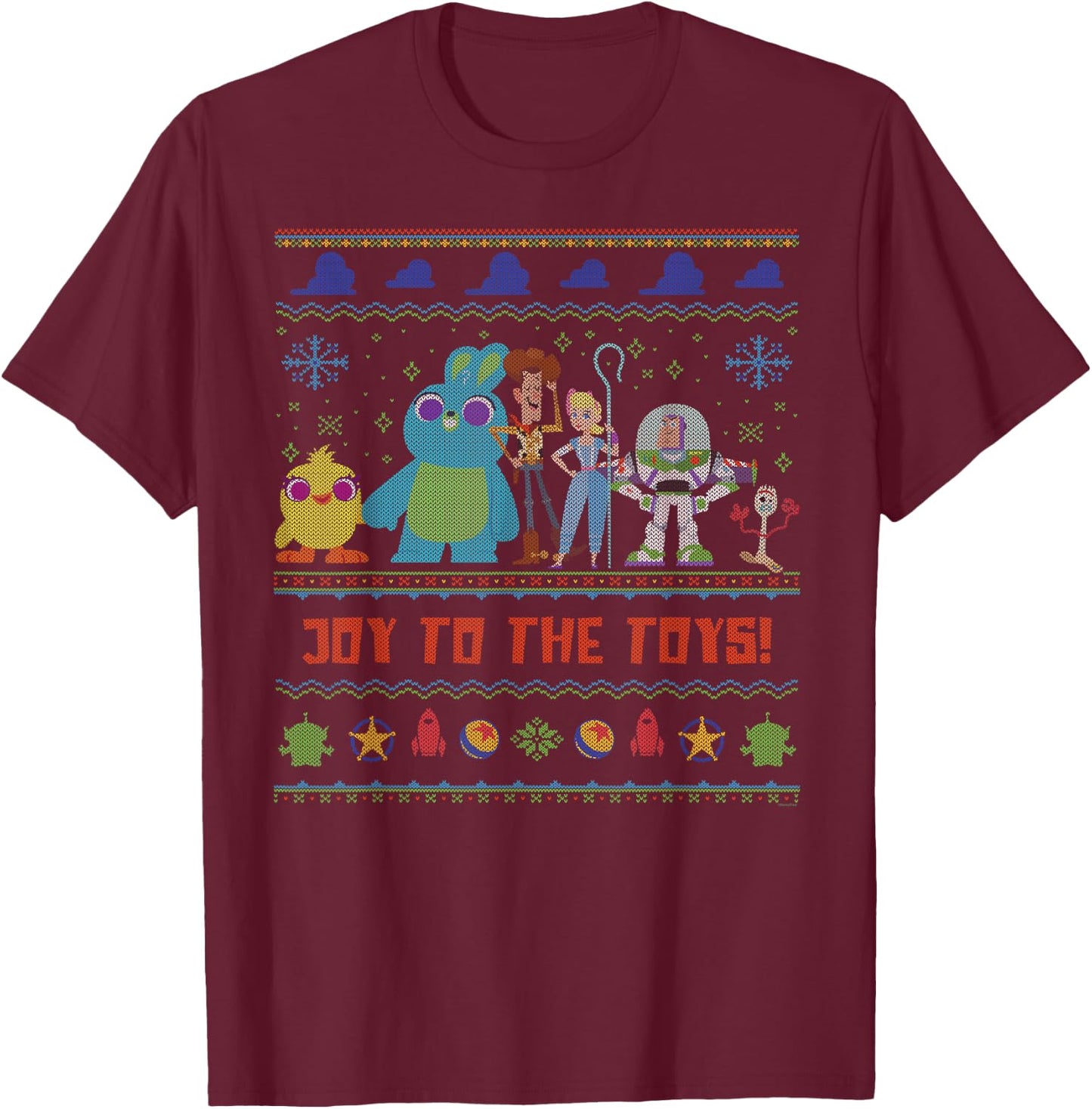 Disney PIXAR Joy to the Toy Story 4 Ugly Christmas Sweater T-Shirt - T-Shirt | Maroon