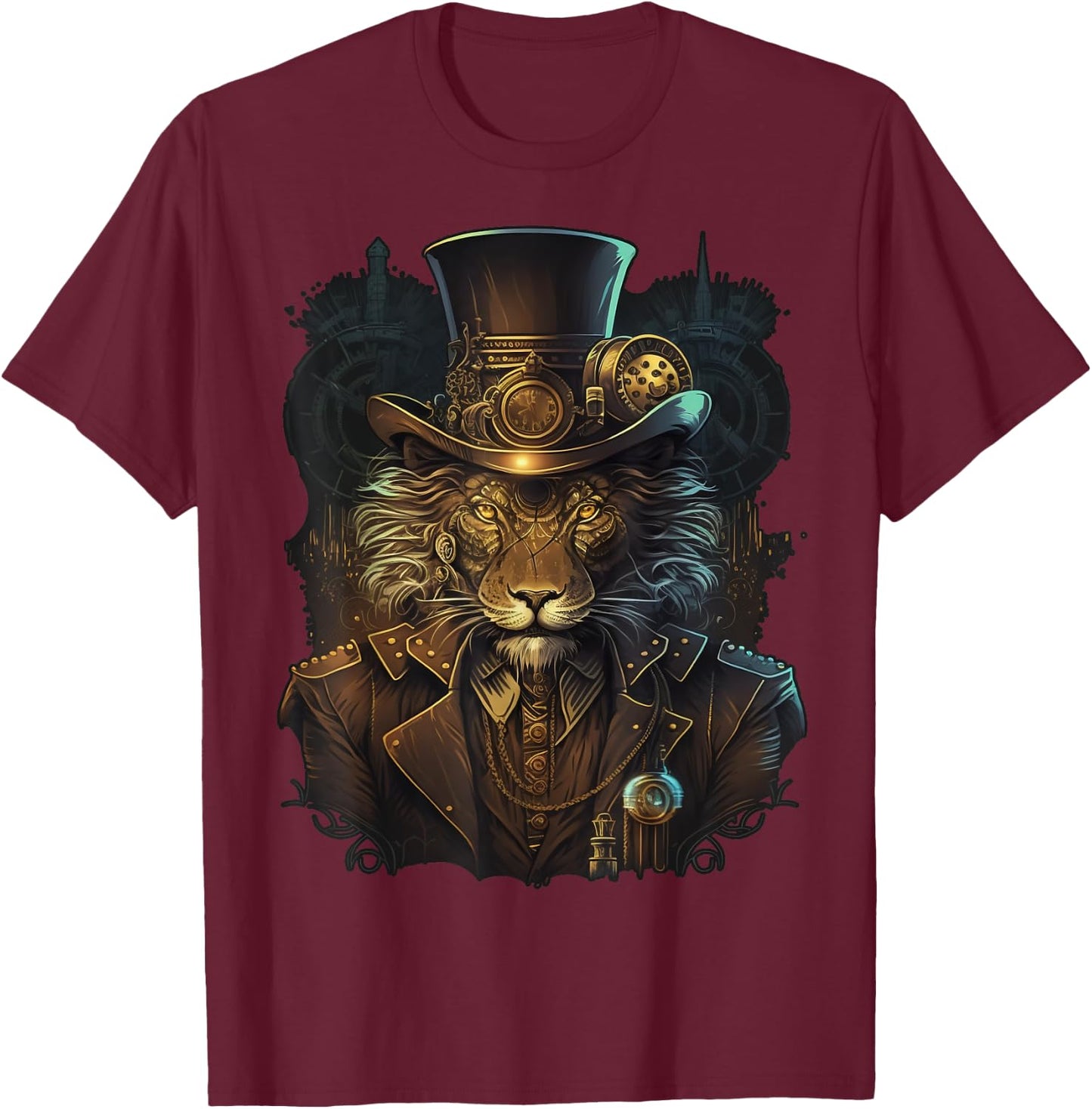 Lion Lover Steampunk Lion Women's Casual - Black, Small, Short Sleeve, Regular Fit, -Kids T-Shirt - T-Shirt | Maroon