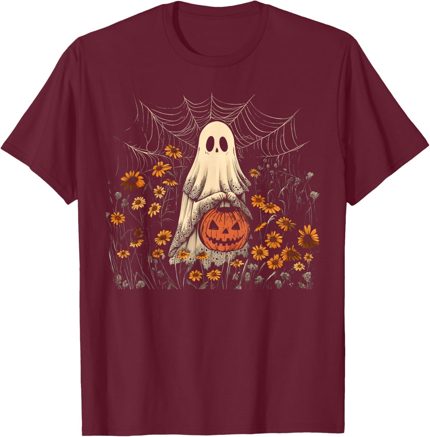 Retro Floral Lace Ghost Pumpkin Spooky Halloween Girls Women T-Shirt - T-Shirt | Maroon