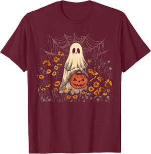 Retro Floral Lace Ghost Pumpkin Spooky Halloween Girls Women T-Shirt - T-Shirt | Maroon