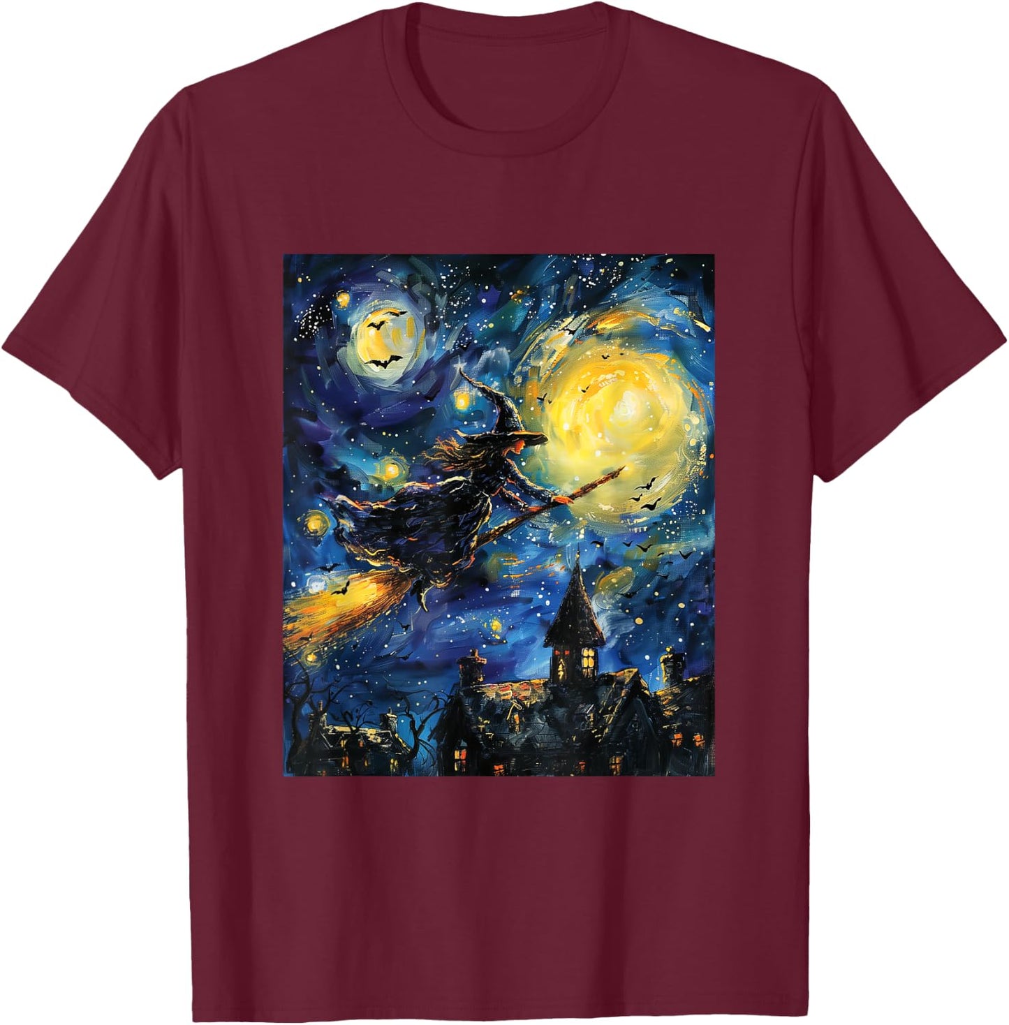 Witch Halloween - Van Gogh Style - Starry Night T-Shirt - T-Shirt | Maroon