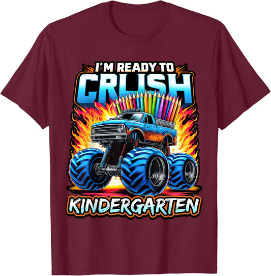 Back to School Kindergarten Monster Truck Ready to Crush Boy T-Shirt - T-Shirt | Maroon