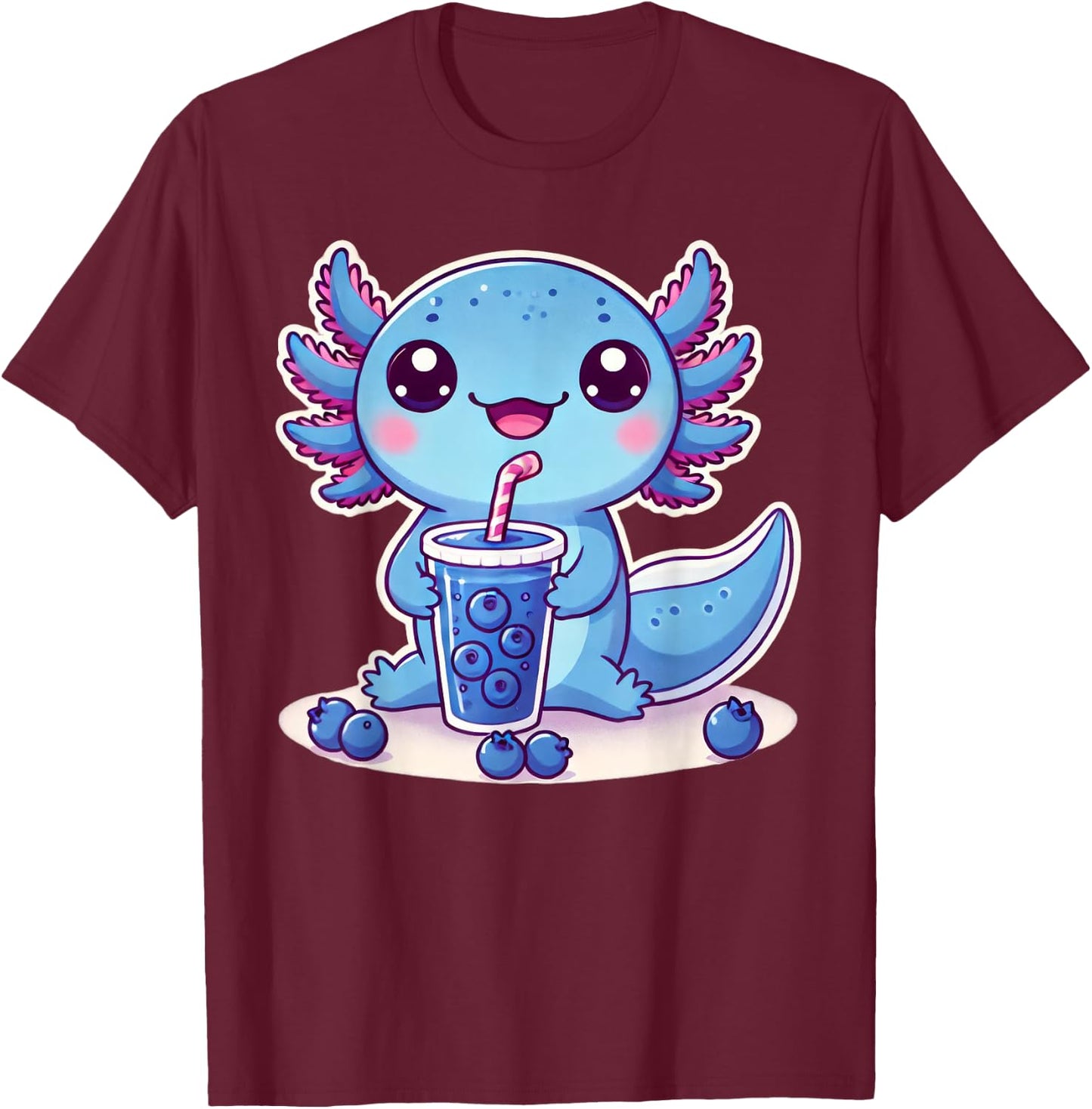 Kawaii Axolotl Blueberry Smoothie T-Shirt - T-Shirt | Maroon
