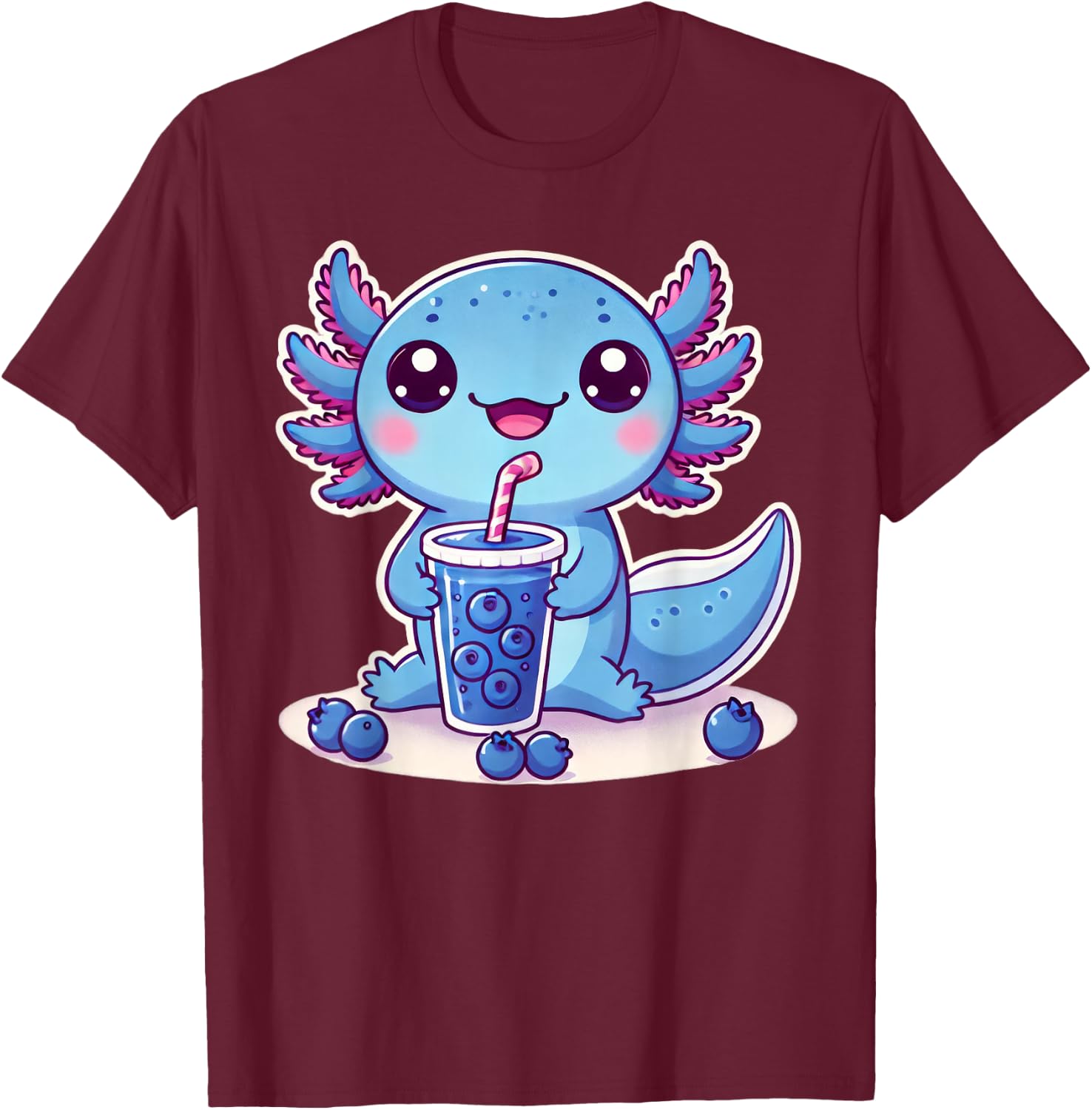 Kawaii Axolotl Blueberry Smoothie T-Shirt - T-Shirt | Maroon