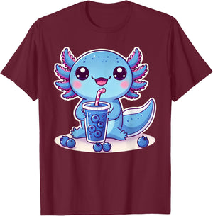 Kawaii Axolotl Blueberry Smoothie T-Shirt - T-Shirt | Maroon