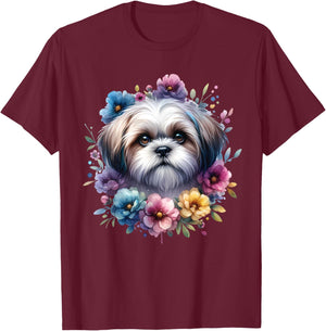 Watercolor Floral Shih Tzu Mama Dog Lovers Mother's Day T-Shirt - T-Shirt | Maroon