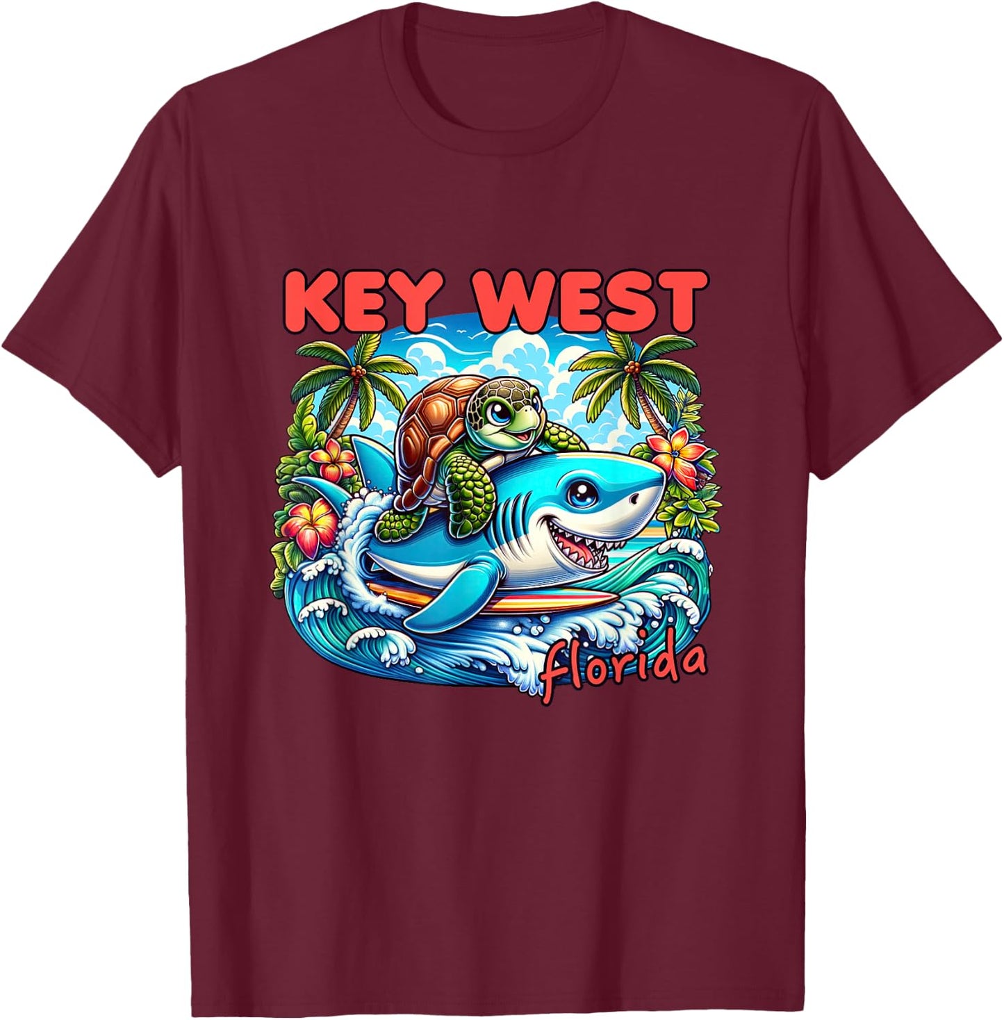 Key West Florida Beach Turtle and Shark T-Shirt - T-Shirt | Maroon
