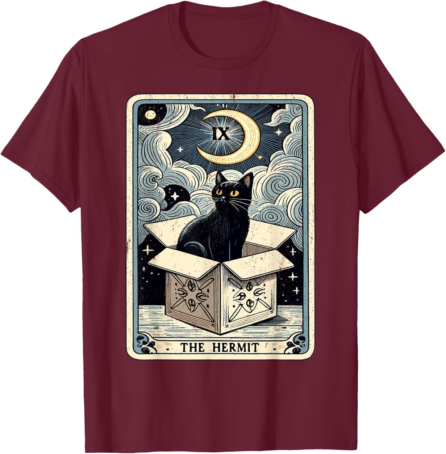 The Hermit Tarot Card Cat in Box Mystic Funny Cat T-Shirt - T-Shirt | Maroon