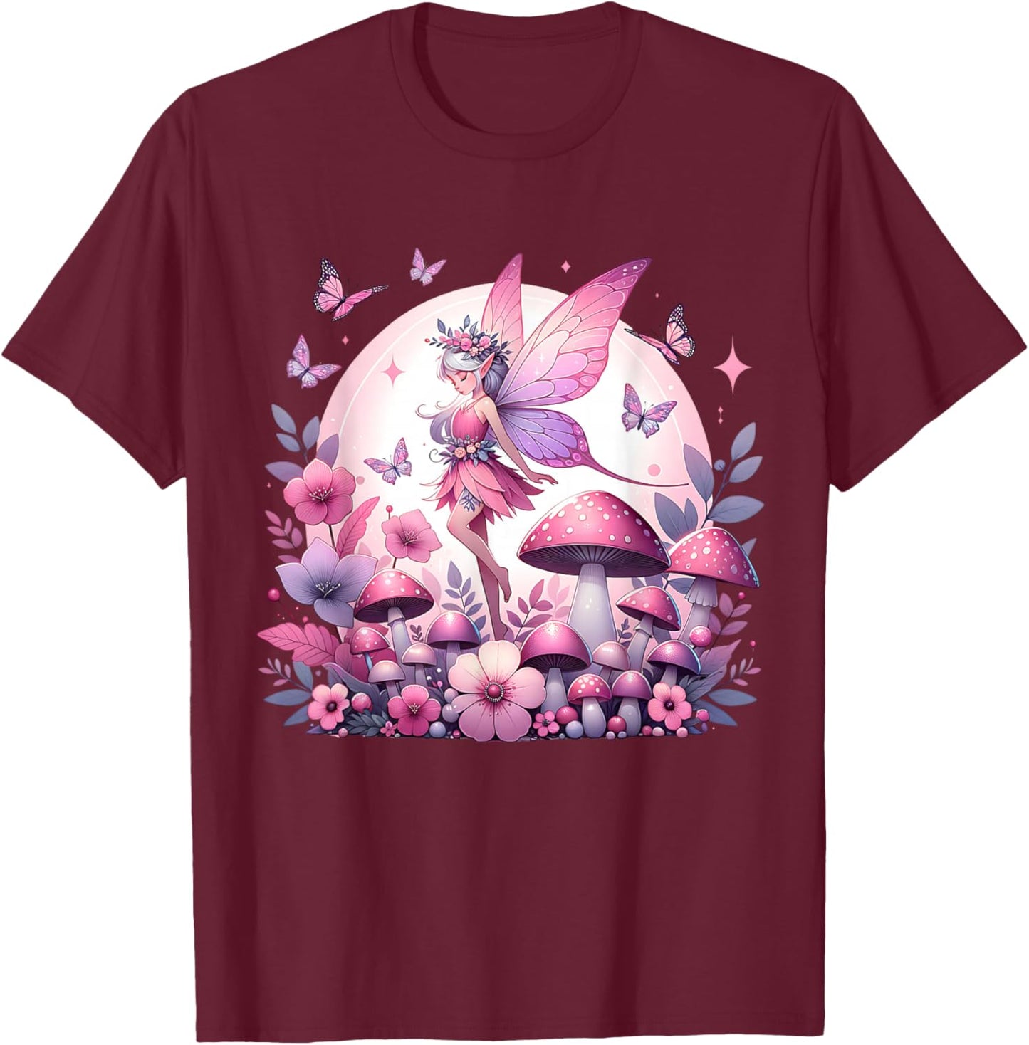 Enchanted Forest Fantasy Fairy Mystical Butterfly & Floral T-Shirt - T-Shirt | Maroon