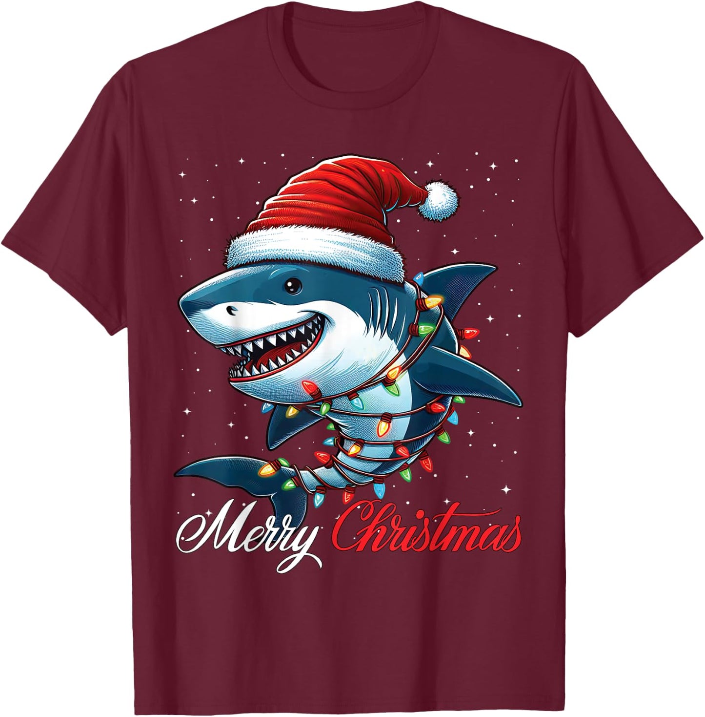 Shark Santa Hat Merry Christmas Lights Xmas Snow T-Shirt - T-Shirt | Maroon