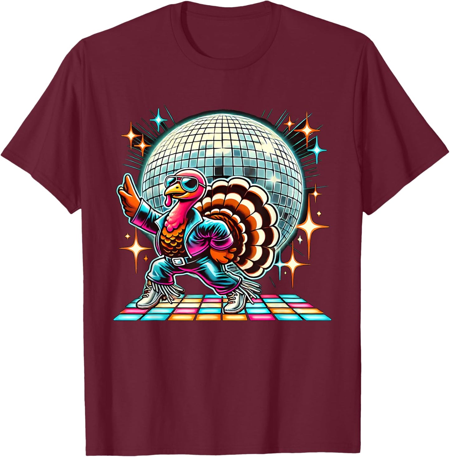 Disco Turkey Halloween -Adult Black Cartoon Turkey Disco Small Straight Short Sleeve T-Shirt - T-Shirt | Maroon