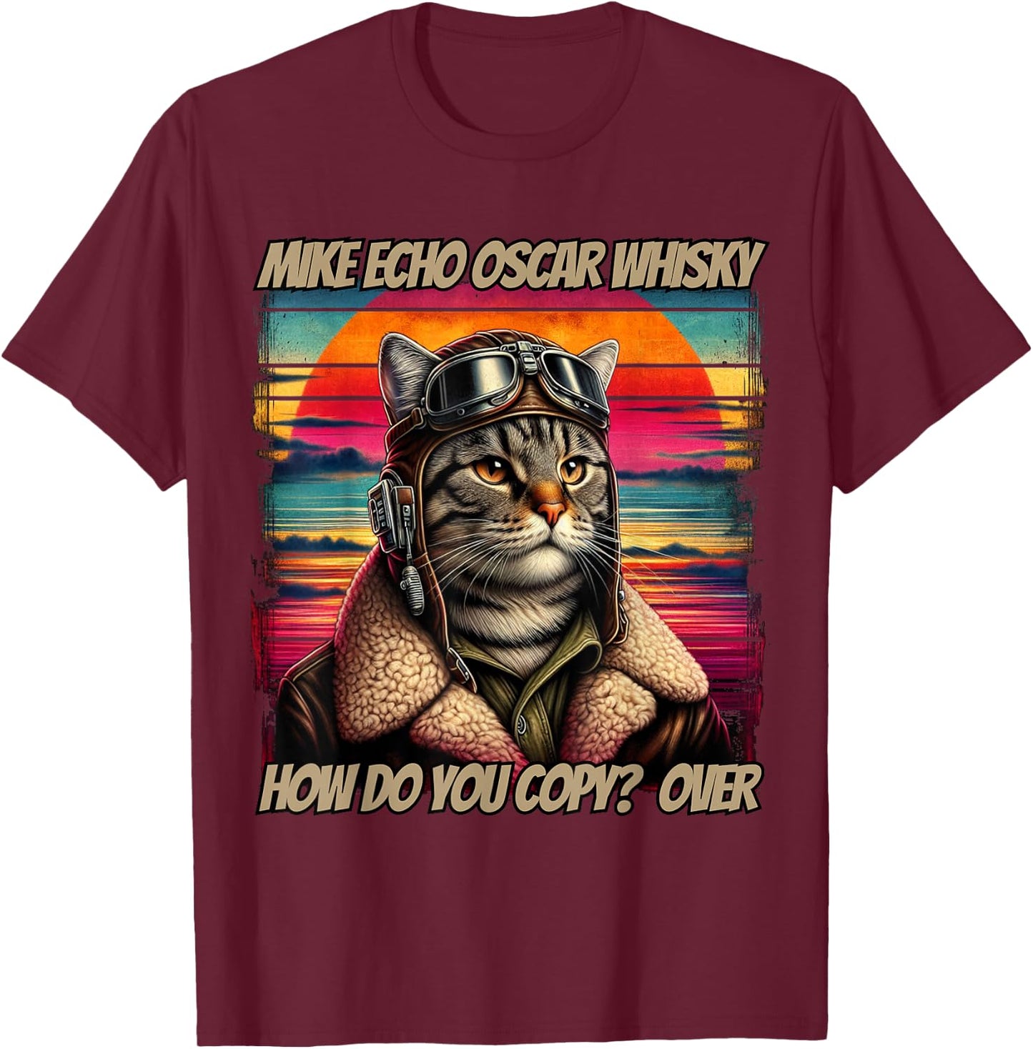 Retro Cat Pilot Mike Echo Oscar Whisky M.E.O.W Women T-Shirt - T-Shirt | Maroon