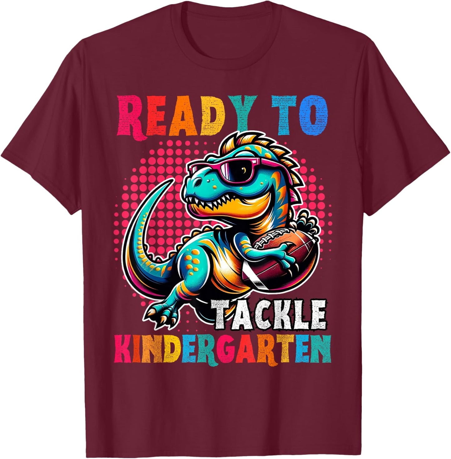 Hello back to School Kindergarten Boys Football Dinosaur T-Shirt - T-Shirt | Maroon