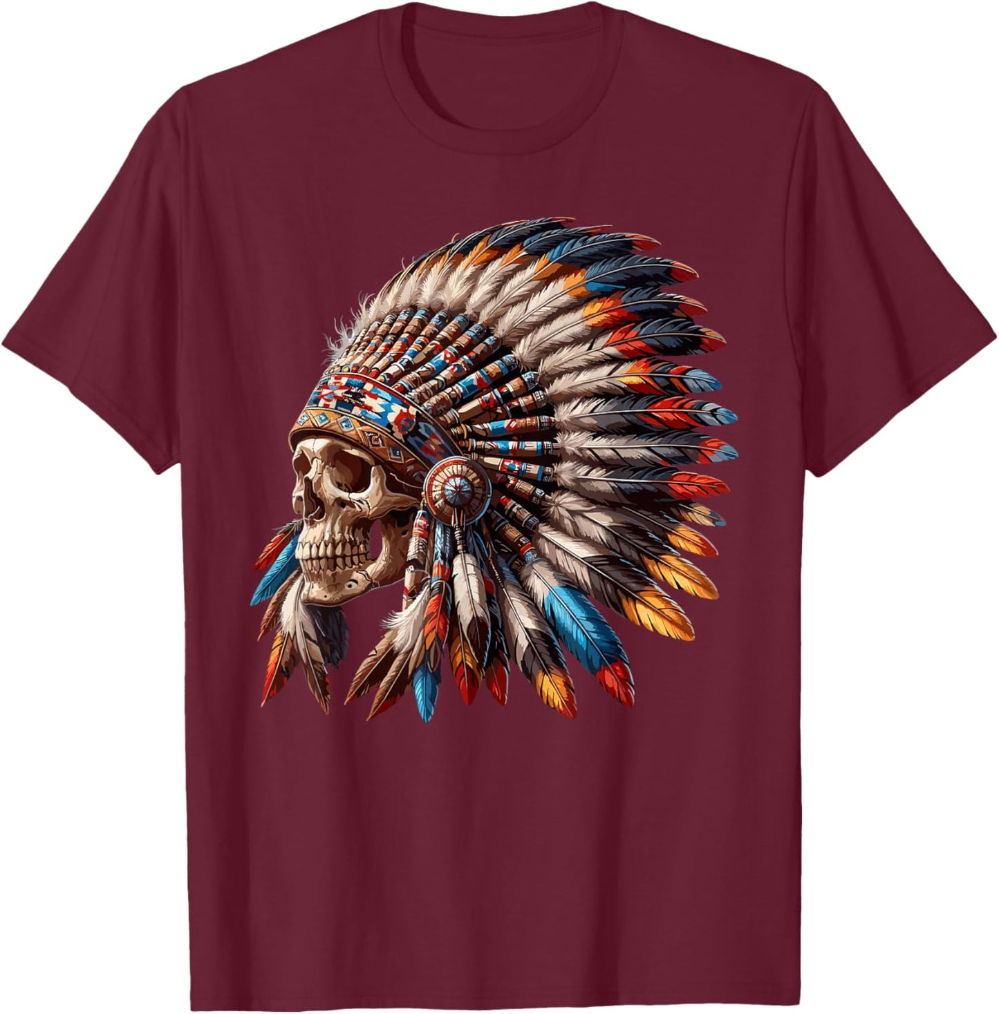 Native American Indian Chief Skull Motorcycle Headdress T-Shirt - T-Shirt | Maroon