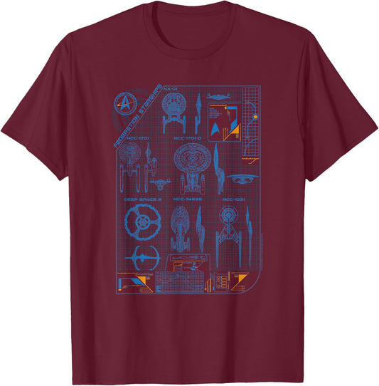 Star Trek Federation Starships Blueprints Group Shot Vintage T-Shirt - T-Shirt | Maroon