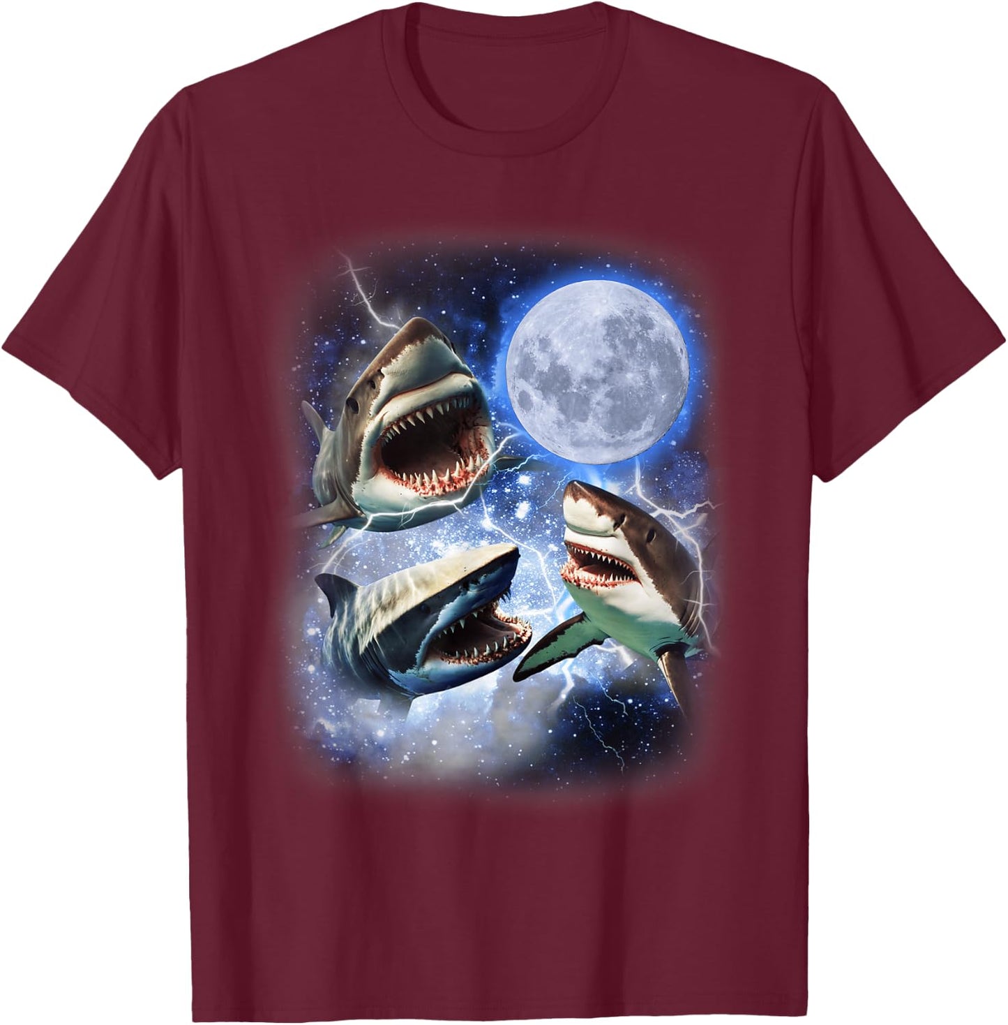 Three Shark Moon - 3 Great Whites Howling Wolfs Moon Parody T-Shirt - T-Shirt | Maroon