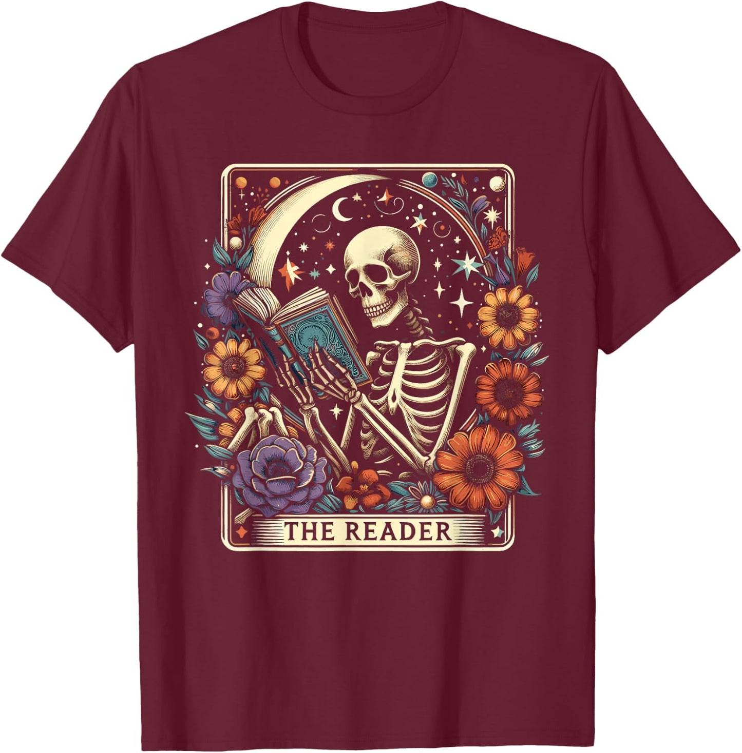 The Reader Tarot Card Skeleton Reading Book Bookworm Bookish T-Shirt - T-Shirt | Maroon