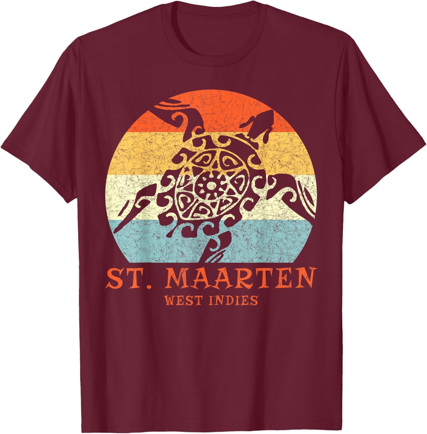 St. Martin, West Indies Vintage Retro Tribal Turtle Vacation T-Shirt - T-Shirt | Maroon