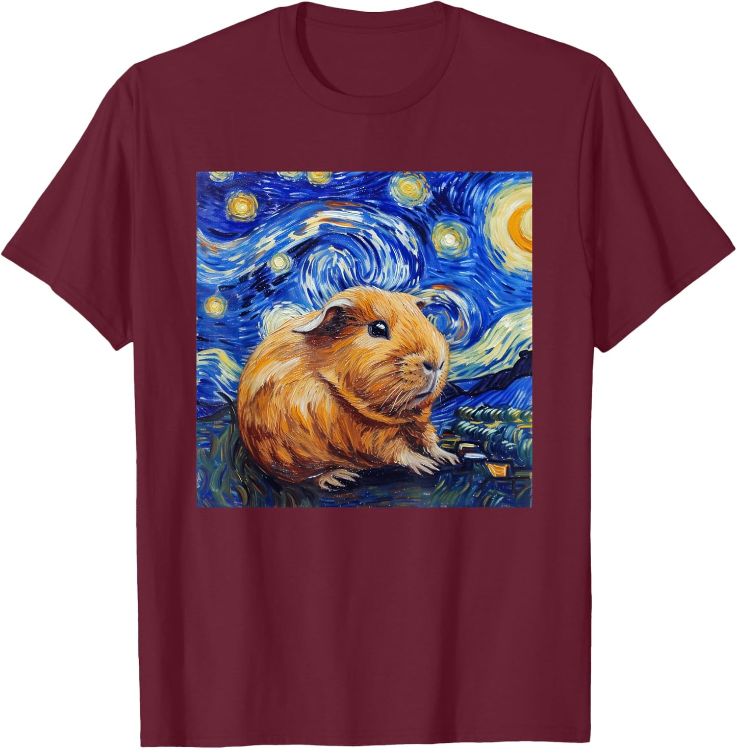 Guinea Pig Van Gogh Style Starry Night Graphic T-Shirt - T-Shirt | Maroon