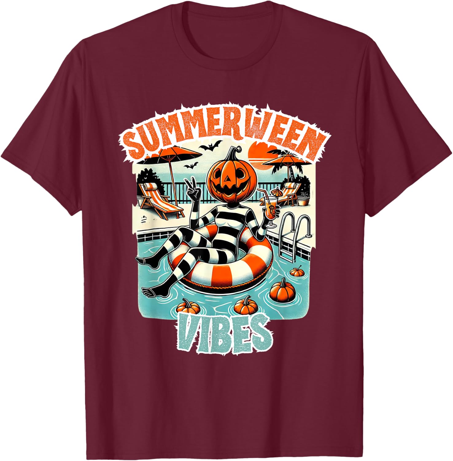 Summerween Vibes Halloween in Summer Design T-Shirt - T-Shirt | Maroon