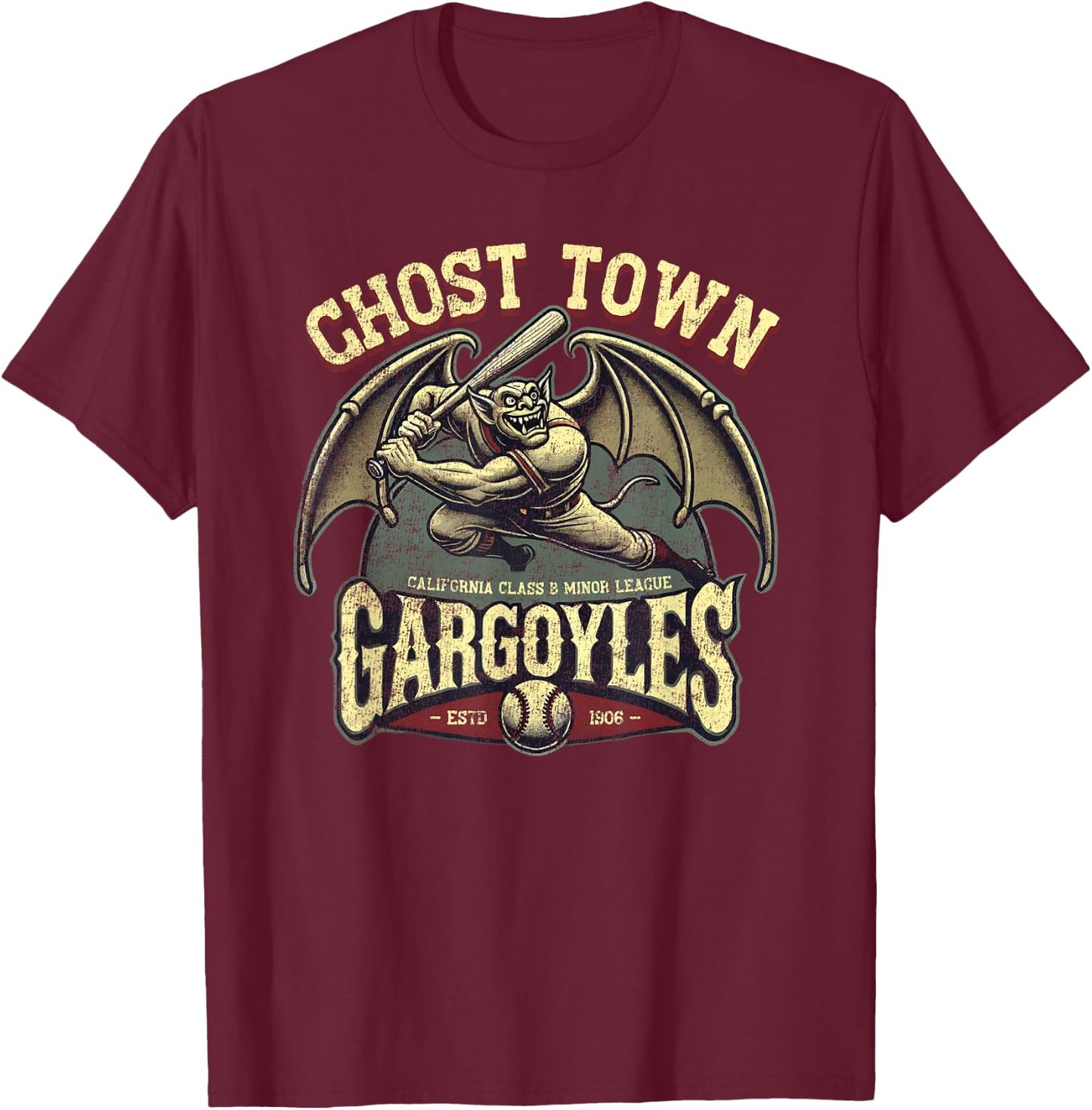 Halloween Ghost Town Gargoyles Minor League Baseball T-Shirt - T-Shirt | Maroon