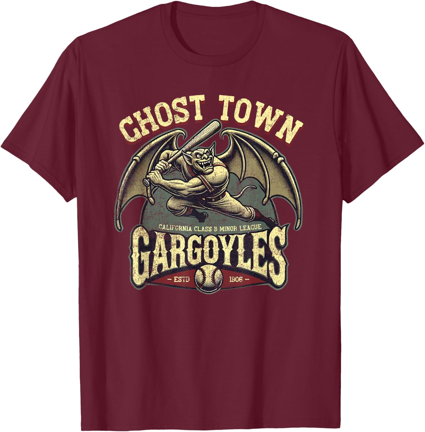 Halloween Ghost Town Gargoyles Minor League Baseball T-Shirt - T-Shirt | Maroon