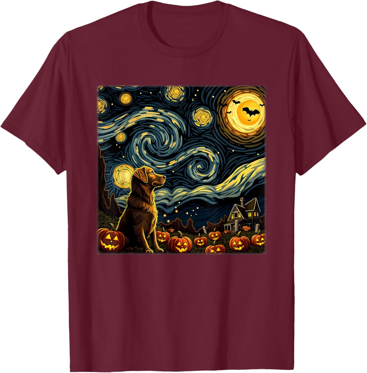 Spooky Halloween Golden Retriever Dog Starry Night T-Shirt - T-Shirt | Maroon