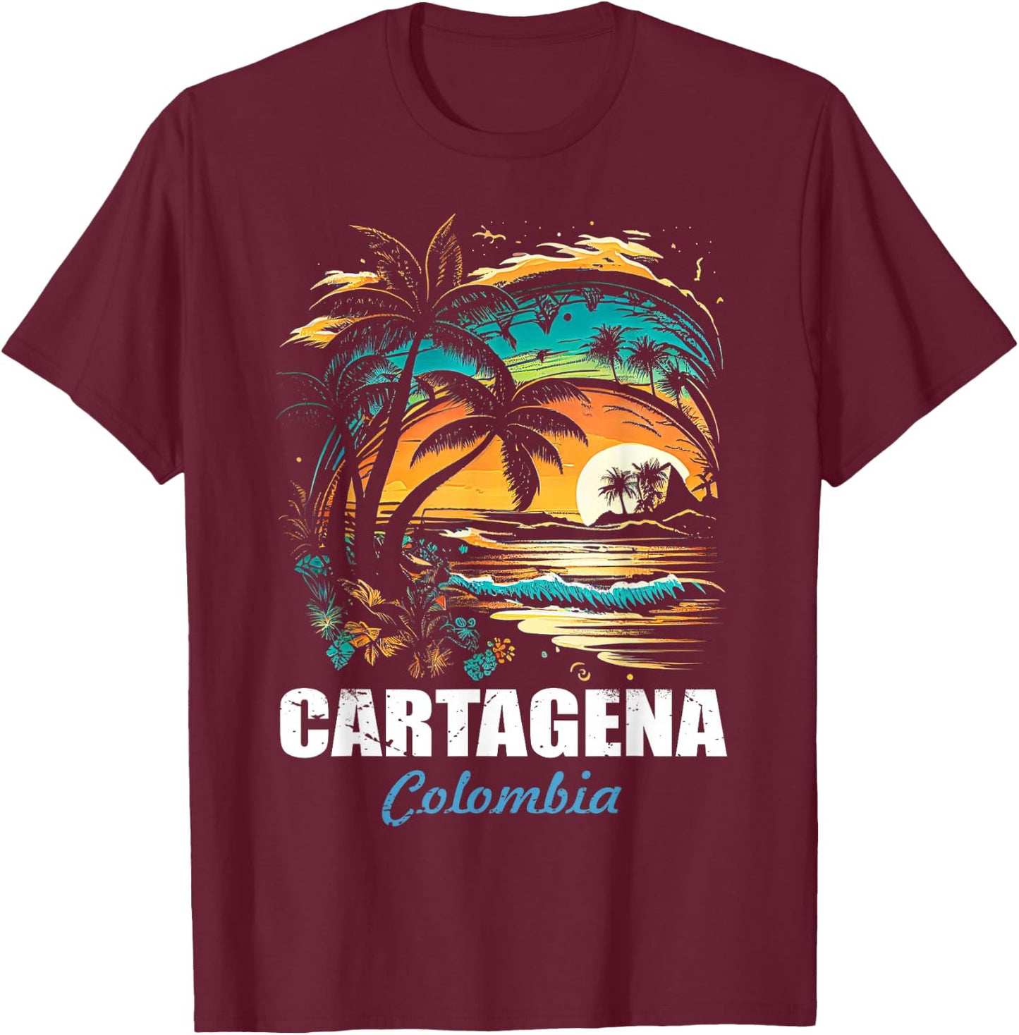 Retro Cartagena Colombia Sunset Vintage Vacation Souvenir T-Shirt - T-Shirt | Maroon