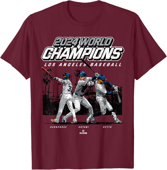 2024 Los Angeles World Champions Ohtani, Betts & Hernández T-Shirt - T-Shirt | Maroon
