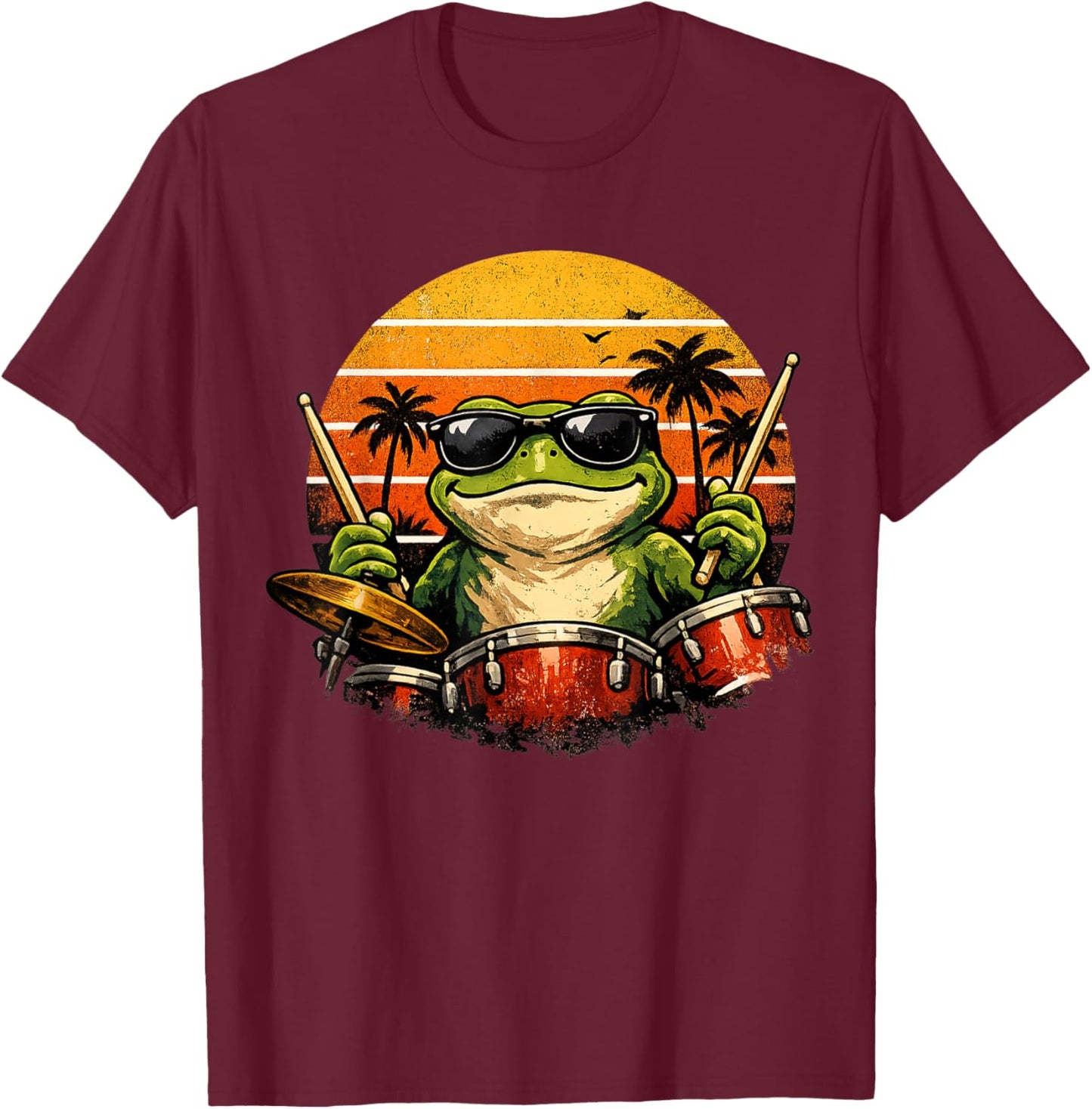 Retro Frog Rock Drummer Funny Drums Enthusiast T-Shirt - T-Shirt | Maroon