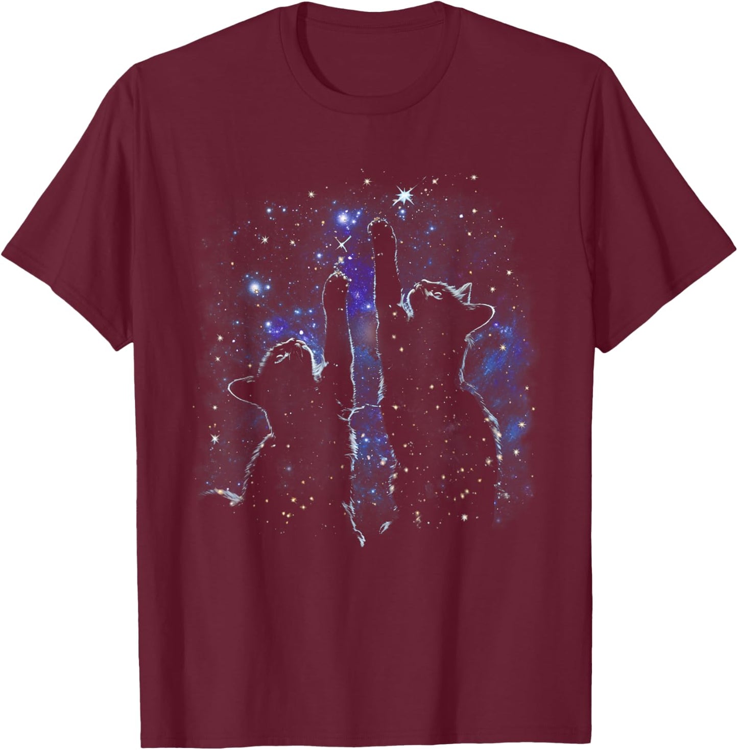Two Cats Reaching for Stars Funny Galaxy Space Cat Night Sky T-Shirt - T-Shirt | Maroon