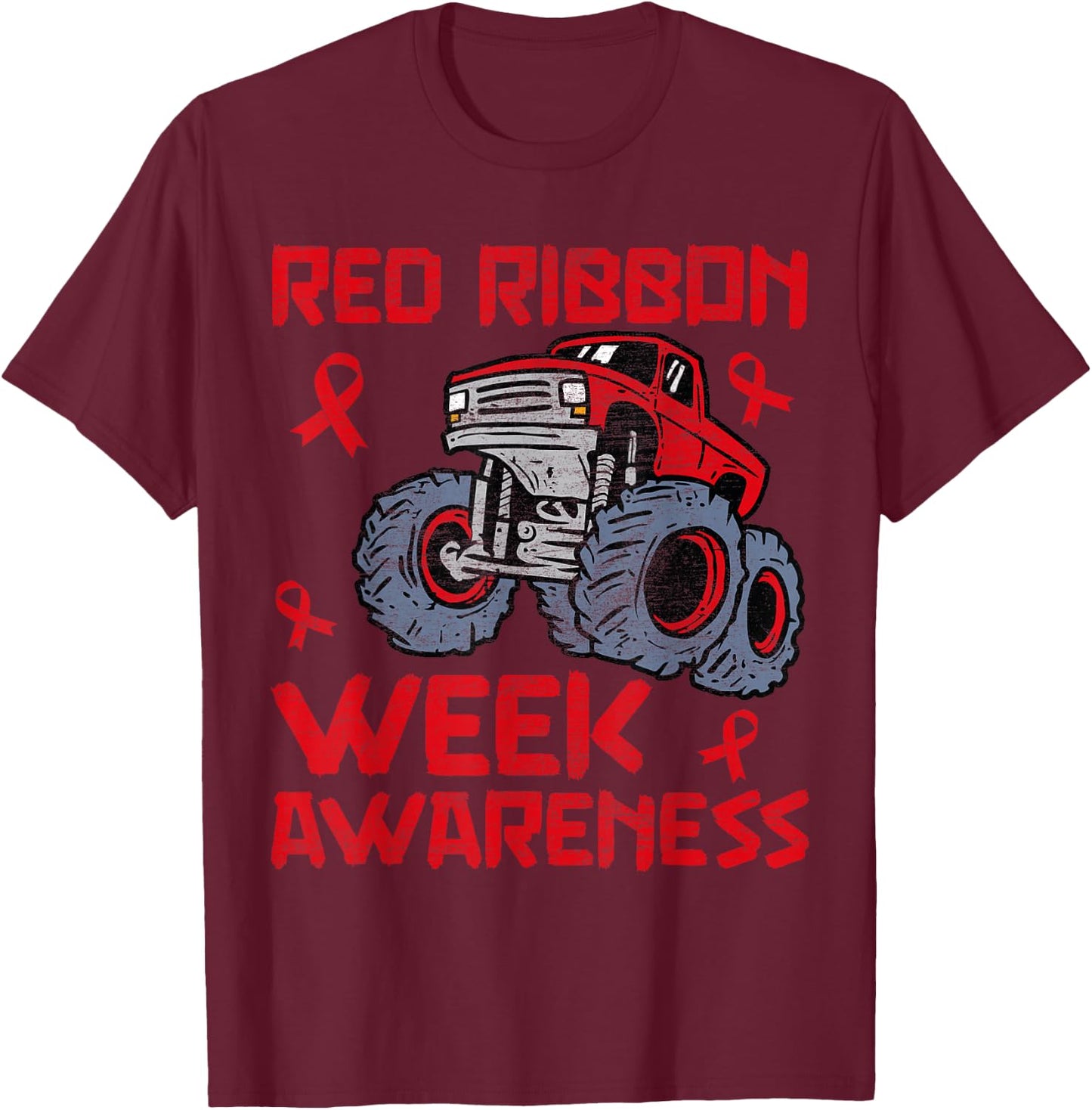 Red Ribbon Week Awareness Monster Truck Toddler Teens Kids T-Shirt - T-Shirt | Maroon