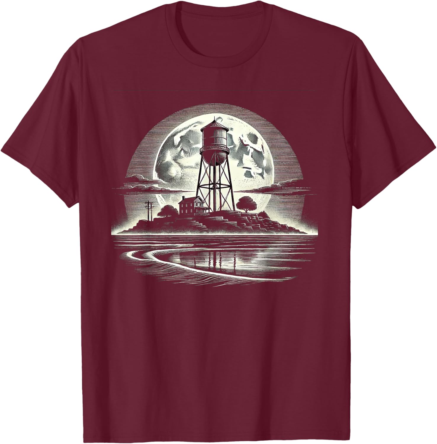 Rustic Water Tower Design - Moonlight Night T-Shirt - T-Shirt | Maroon