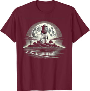 Rustic Water Tower Design - Moonlight Night T-Shirt - T-Shirt | Maroon