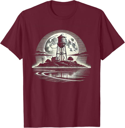 Rustic Water Tower Design - Moonlight Night T-Shirt - T-Shirt | Maroon