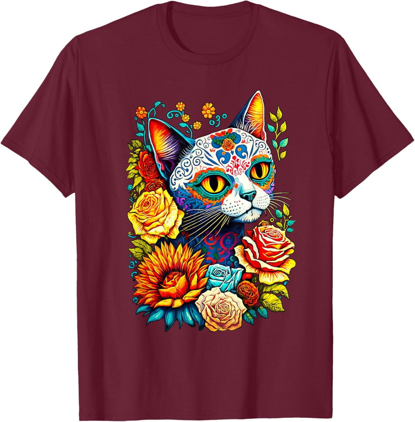 Sugar Skull Cat Dia De Los Muertos Catrina Day Of The Dead Women Kids T-Shirt - T-Shirt | Maroon