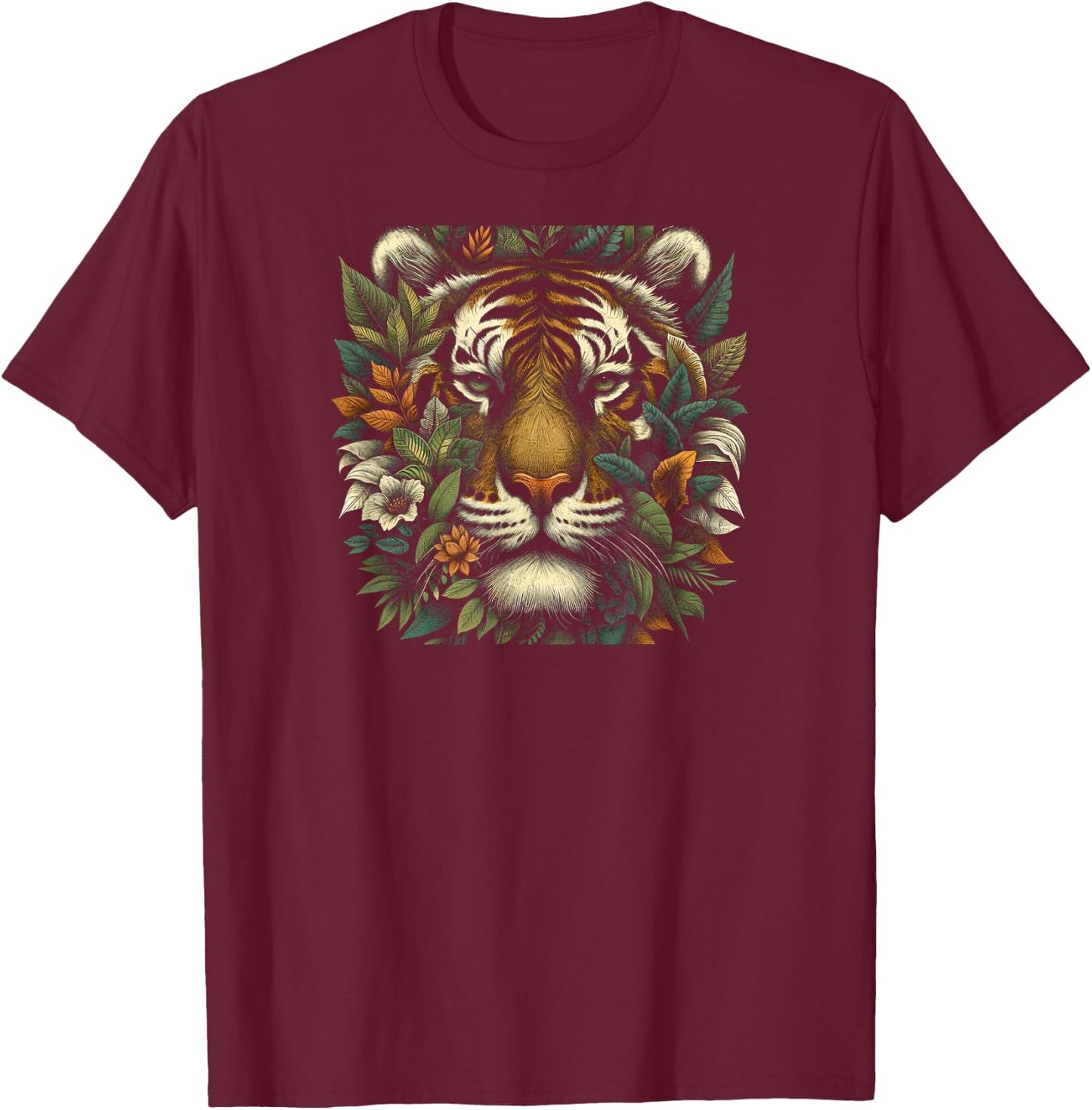 Tiger Face in Wilderness T-Shirt - T-Shirt | Maroon