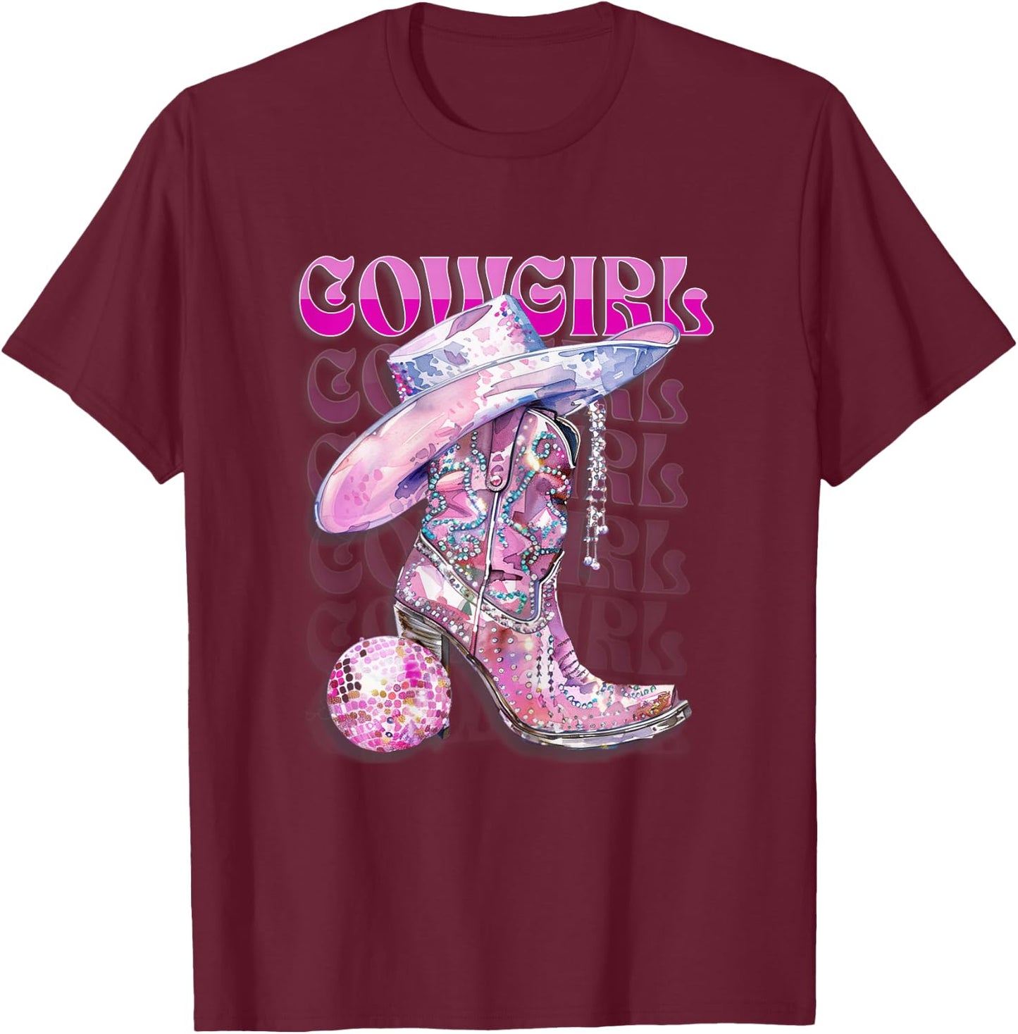 Pink Cowgirl Boots Disco Western Country Cow Girl Coastal T-Shirt - T-Shirt | Maroon