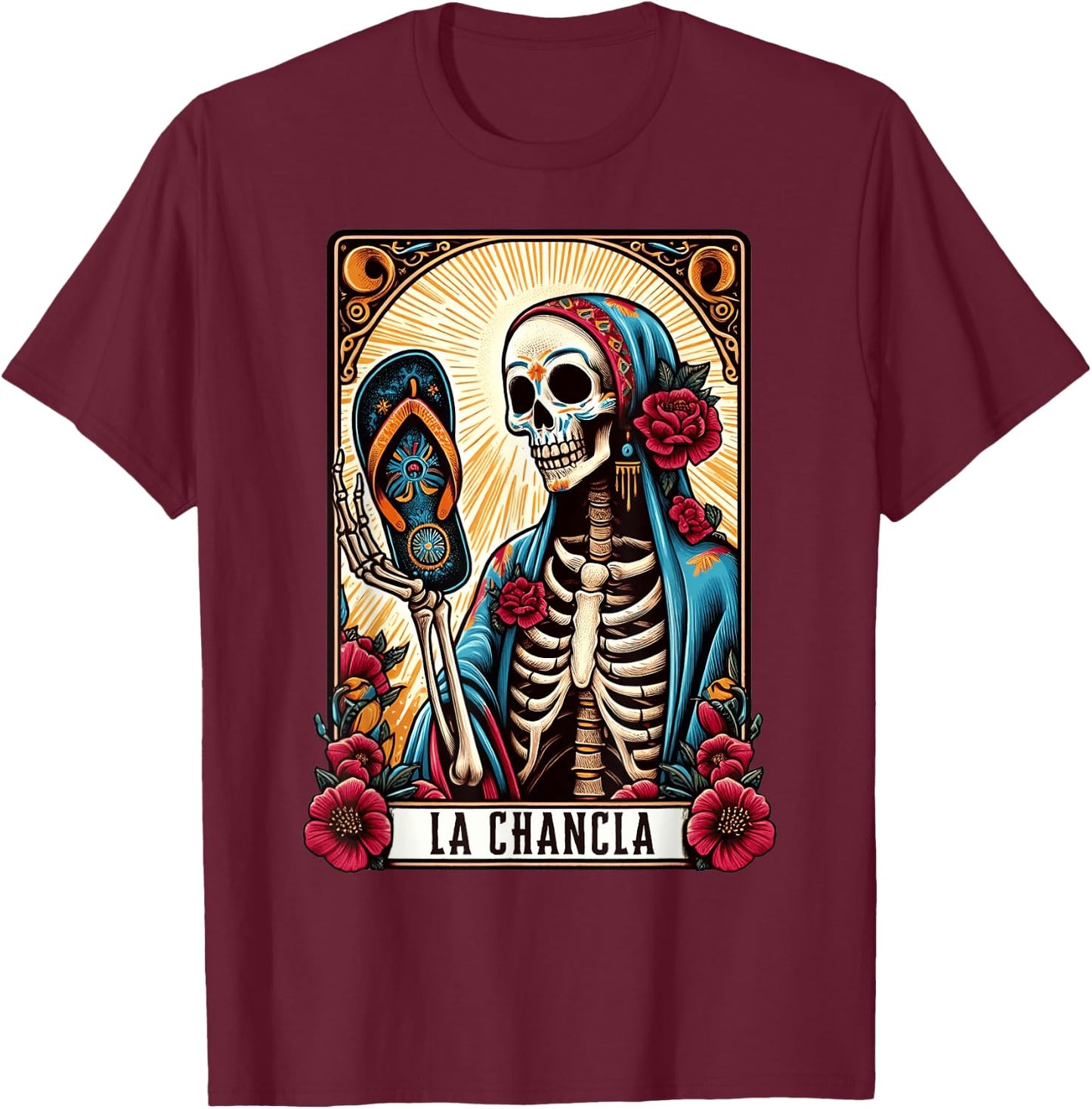 La Chancla Flip Flop Card Funny Mexican Mom Tarot Card T-Shirt - T-Shirt | Maroon